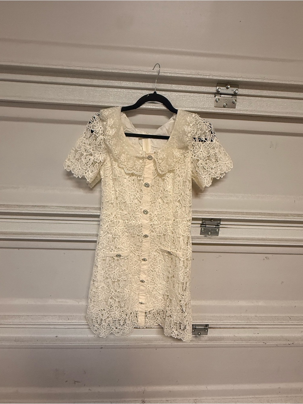 Lace Short Sleeve Dress with Peter Pan Collar in Ivory